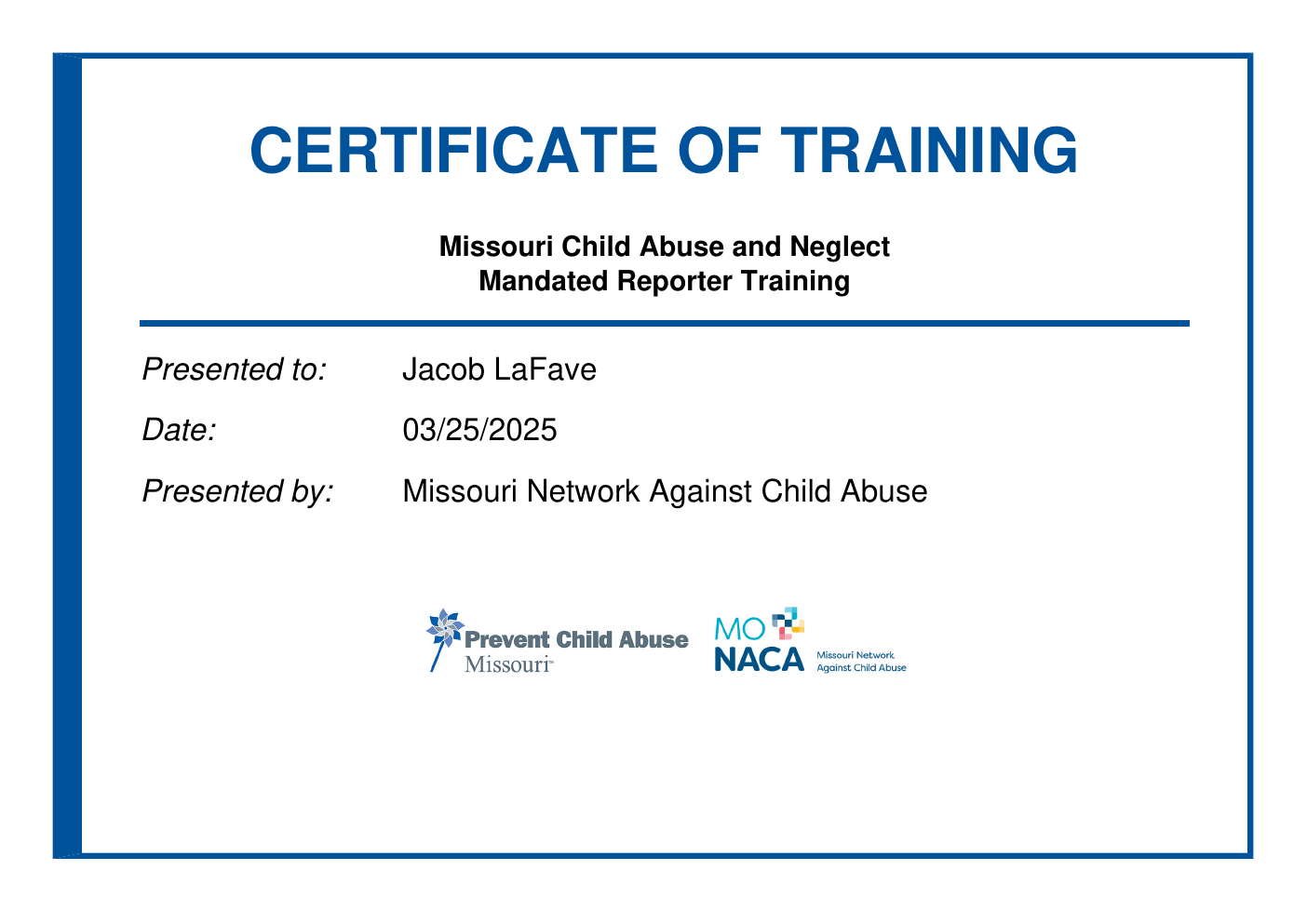 Missouri Child Abuse and Neglect Mandated Reporter Training certificate